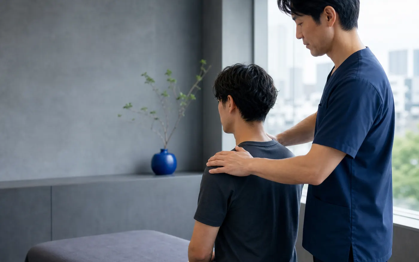 施術前に肩の動きを確認する様子
